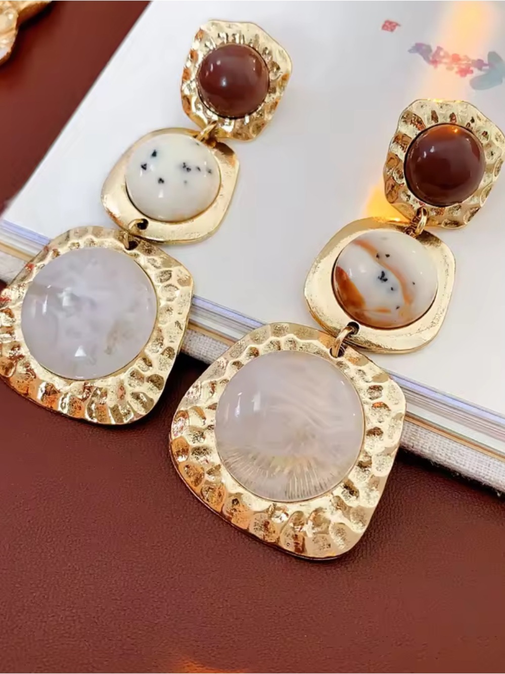 New! Boho  Gold-Tone Drop Earrings with Cream, Brown, and Soft Pink Accents